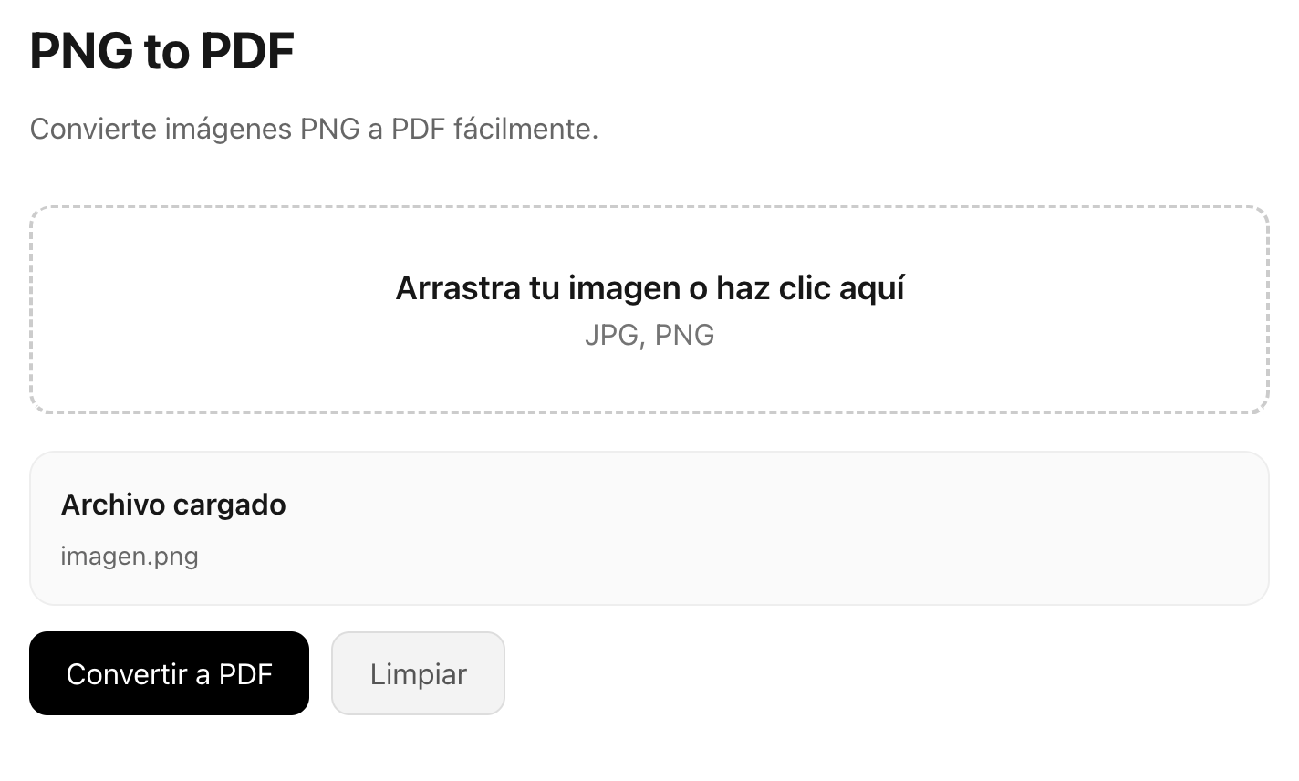 Pantalla principal de PNG a PDF